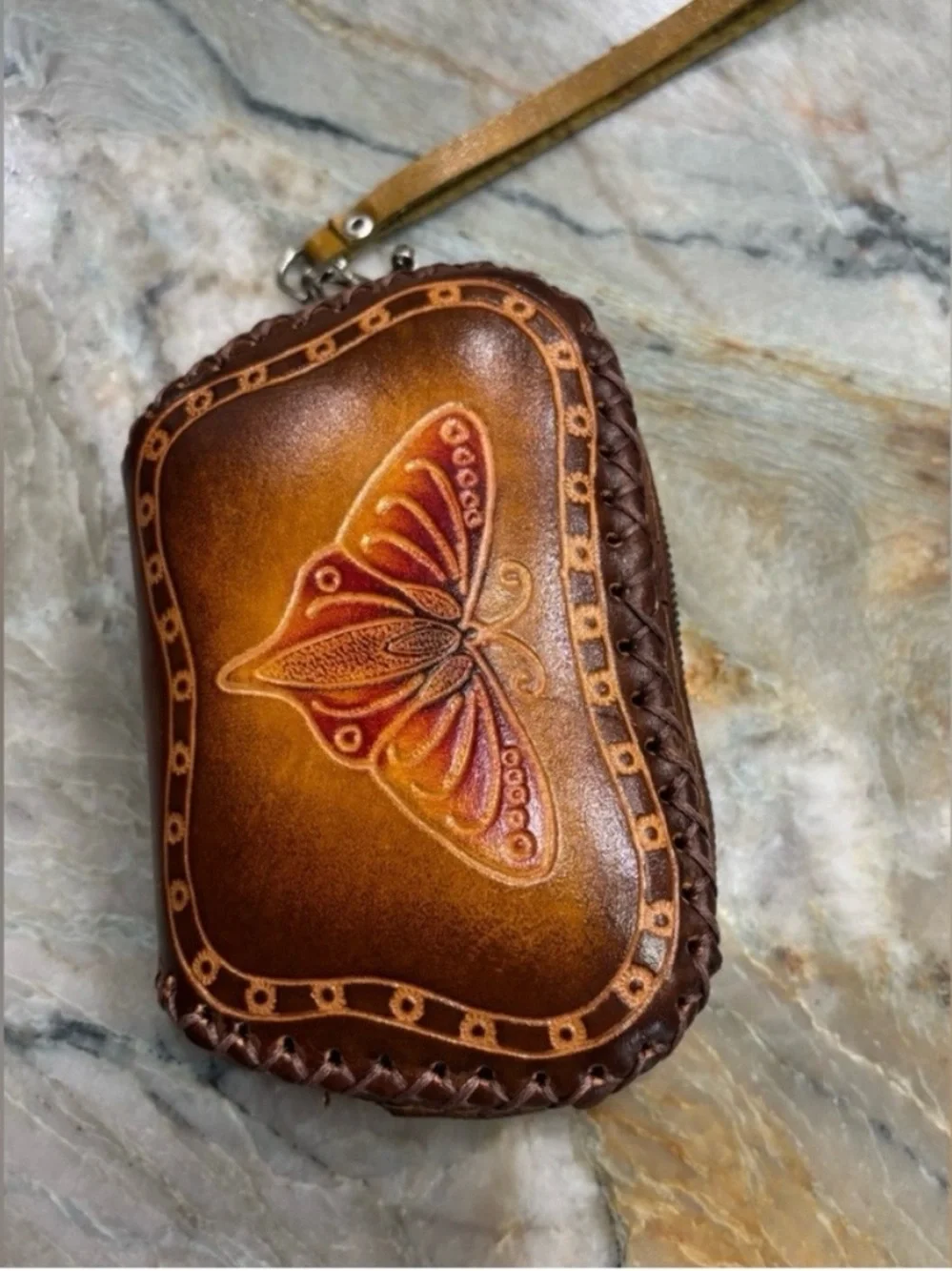 Hand-Tooled Leather Wallet with Blue Butterfly and Pink Accents case wallet
